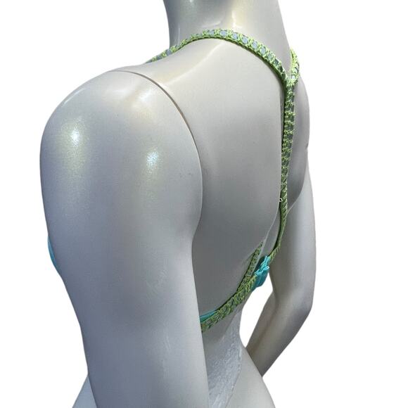 Victoria's Secret Teal Bikini Top Large Crochet Trim Racerback Turquoise Y-Back - Picture 10 of 11